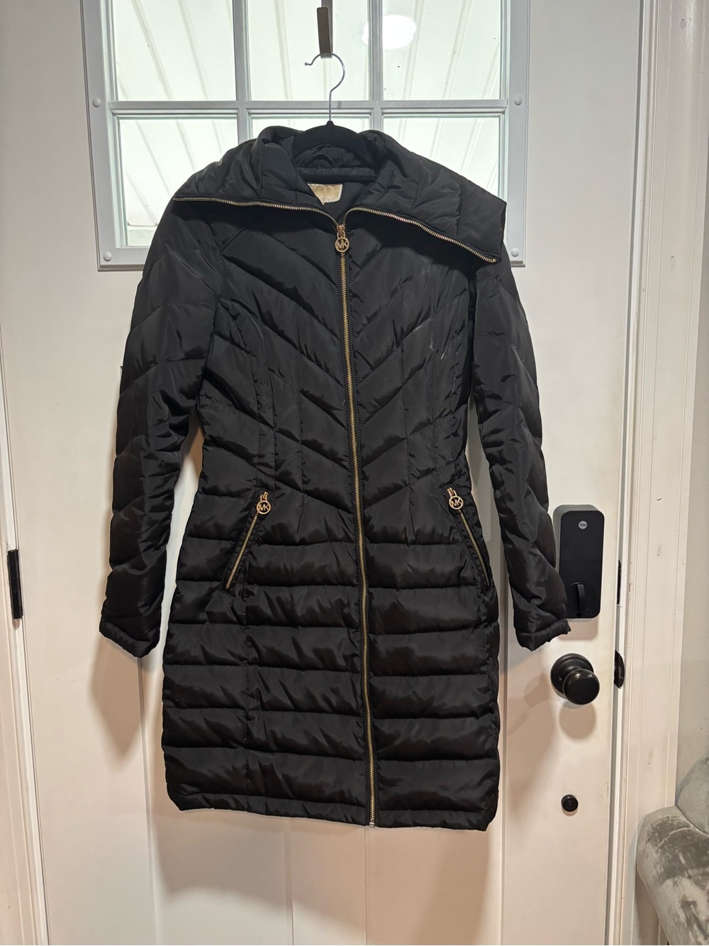 Michael Kors Black Quilted Long Puffer Coat with Gold Hardware